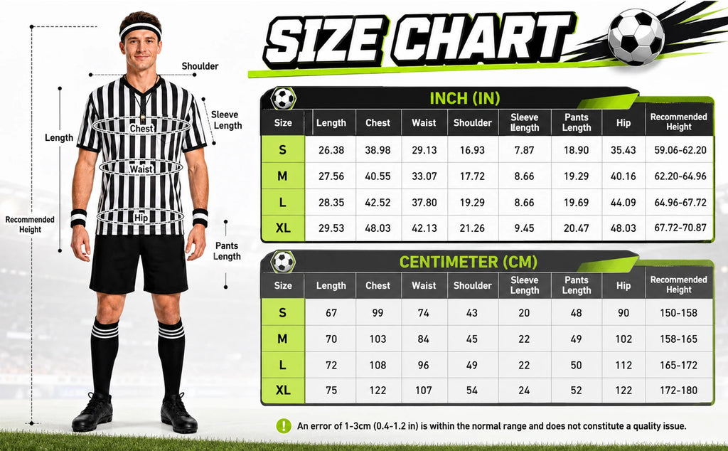 Soccer referee costume chart lists S through XL garment measurements and suggested wearer heights.