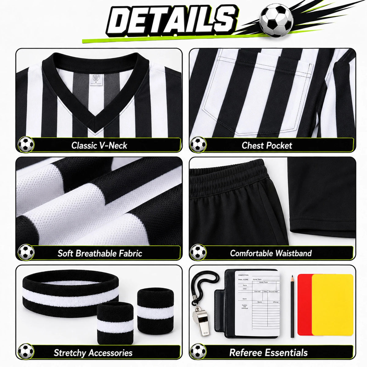Detail panels show the V-neck, chest pocket, striped fabric, waistband and referee accessories.