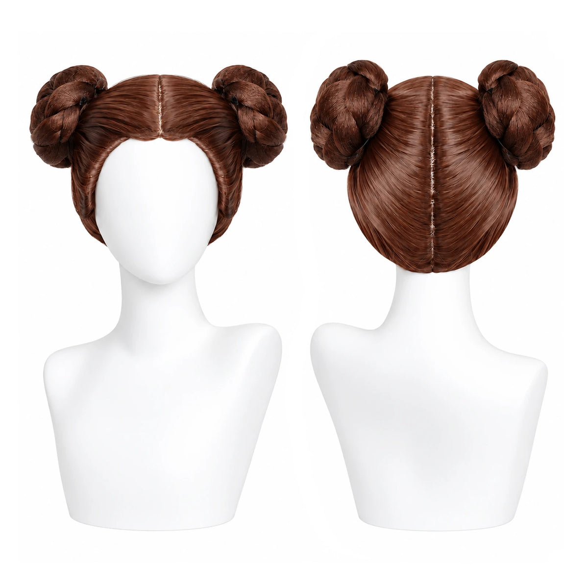 Front and back views of the brown space princess wig show the center part and two Princess Leia-inspired side buns.