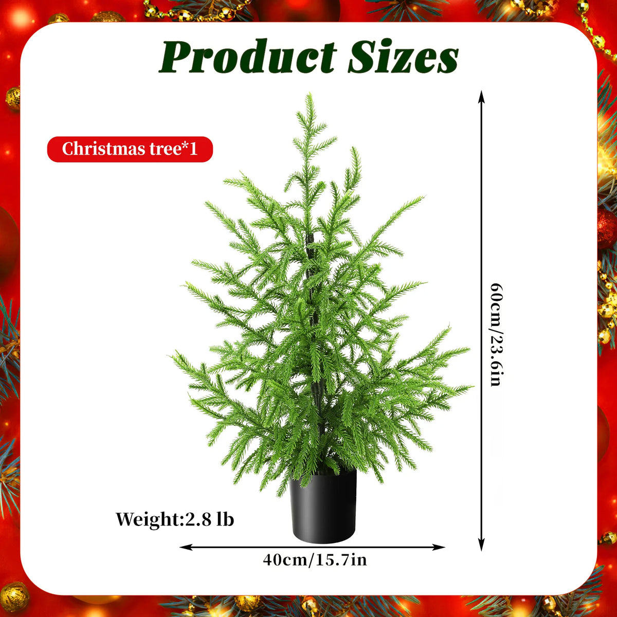The size graphic shows dimensions for the 60 cm potted tree.