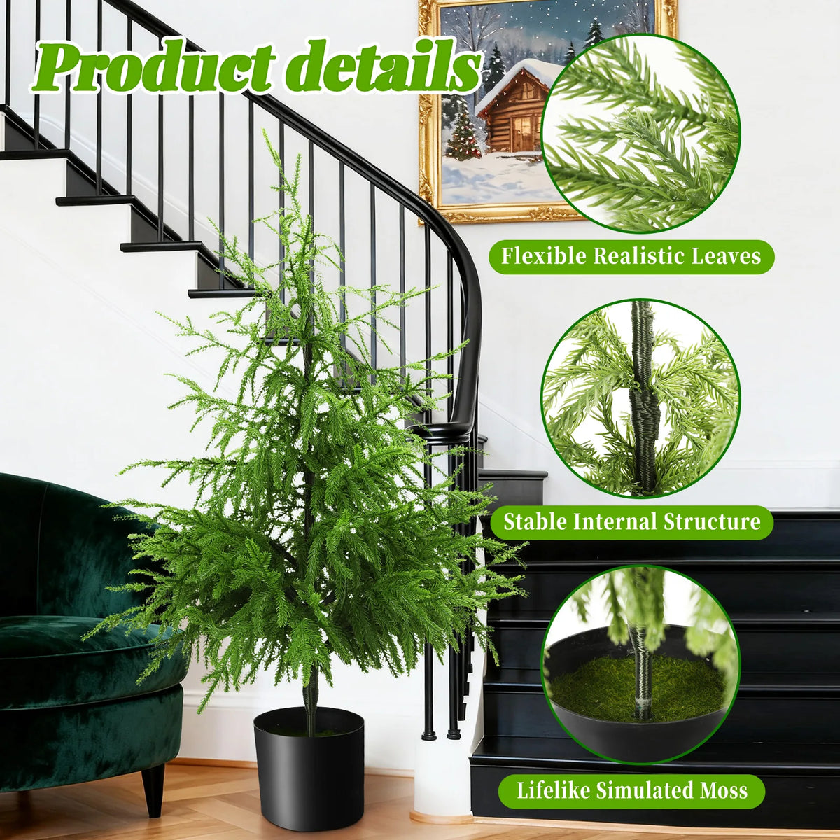 The 90 cm tree detail graphic shows foliage and pot details.