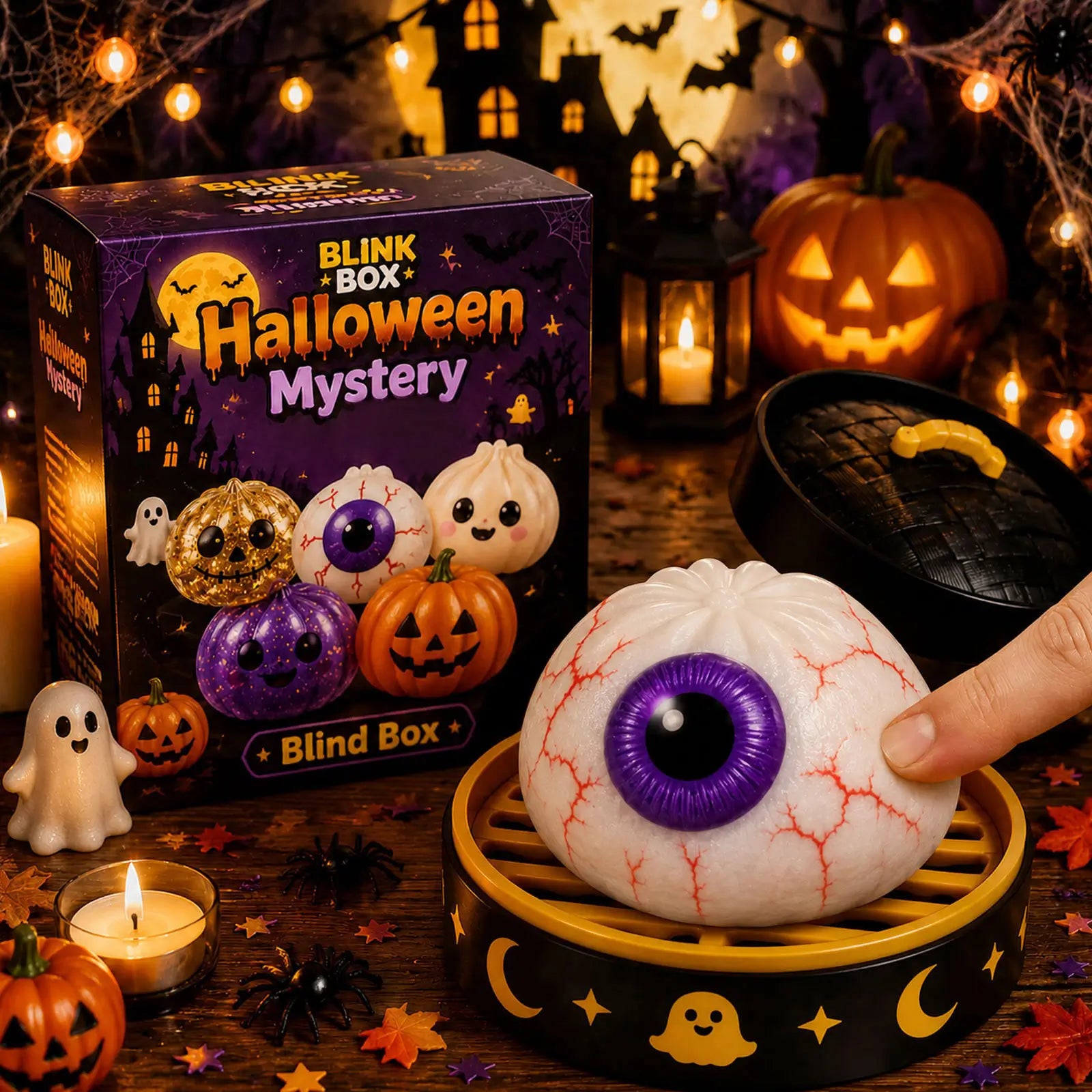 Spooky eyeball Halloween squishy toy with purple eye detail in a Halloween mystery display box