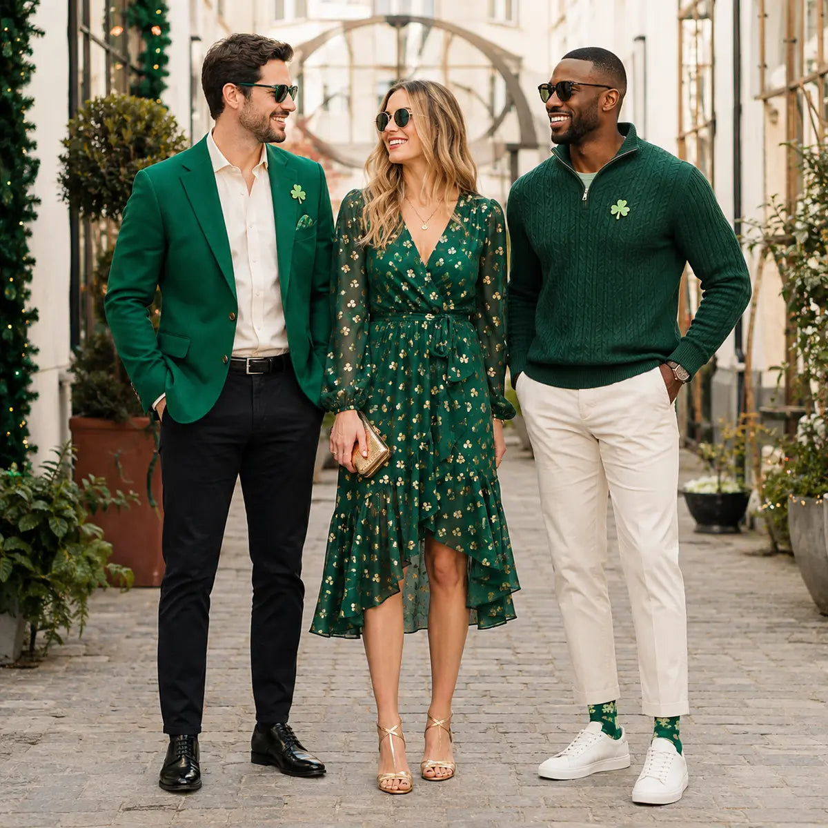 Adults wearing stylish green outfits for a St. Patrick’s Day celebration