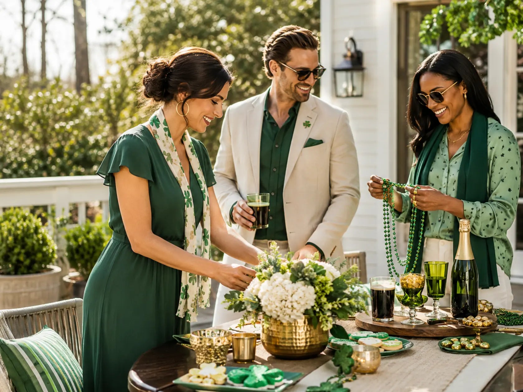 Friends preparing a stylish green and gold St. Patrick’s Day celebration on a patio