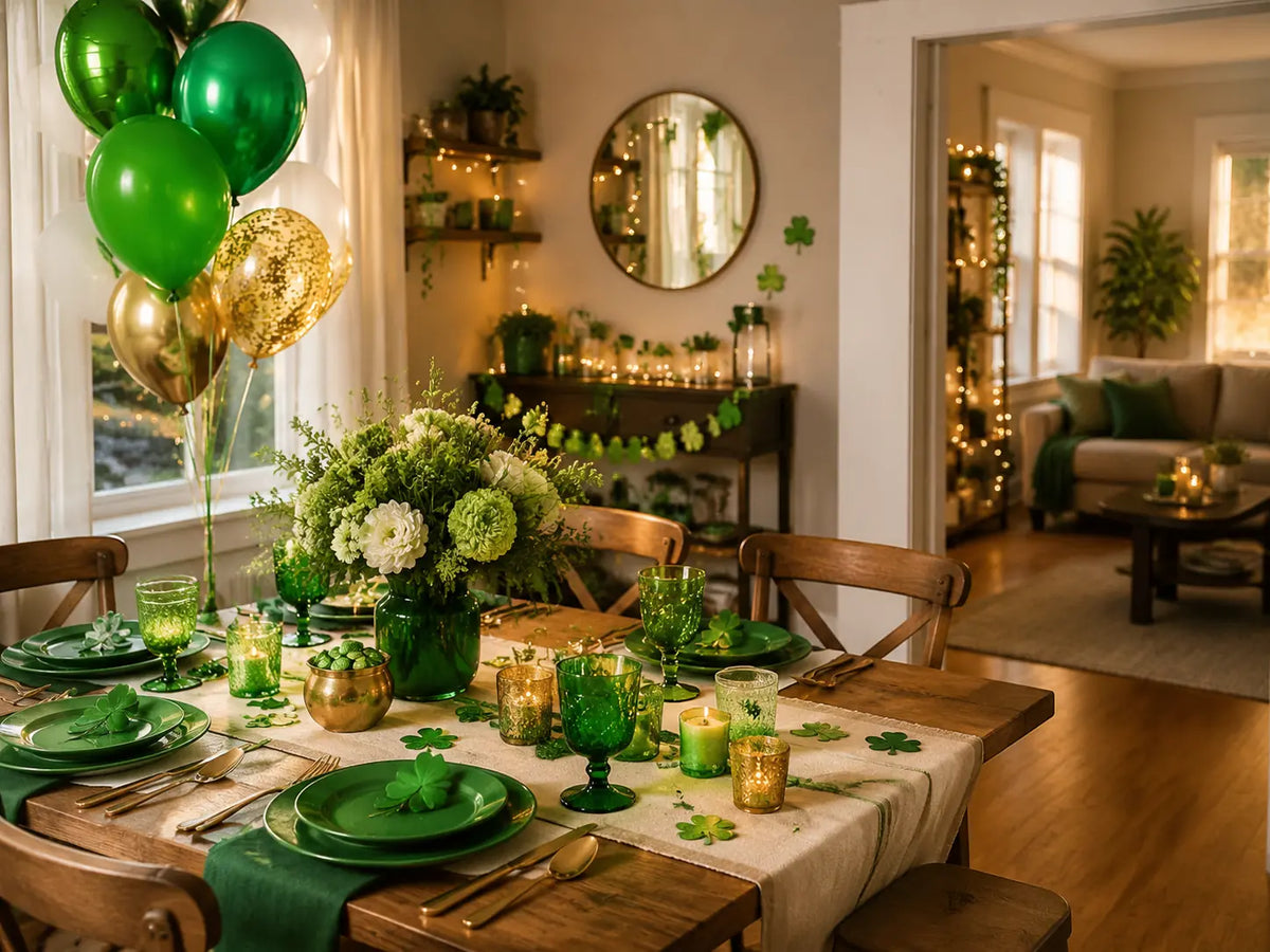 St. Patrick’s Day party table decorated with green tableware, gold accents and balloons
