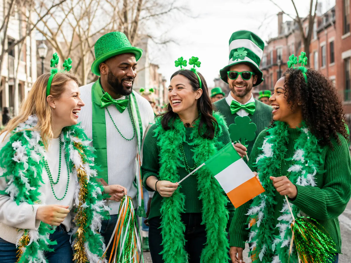 Friends wearing green accessories while preparing for a St. Patrick’s Day parade