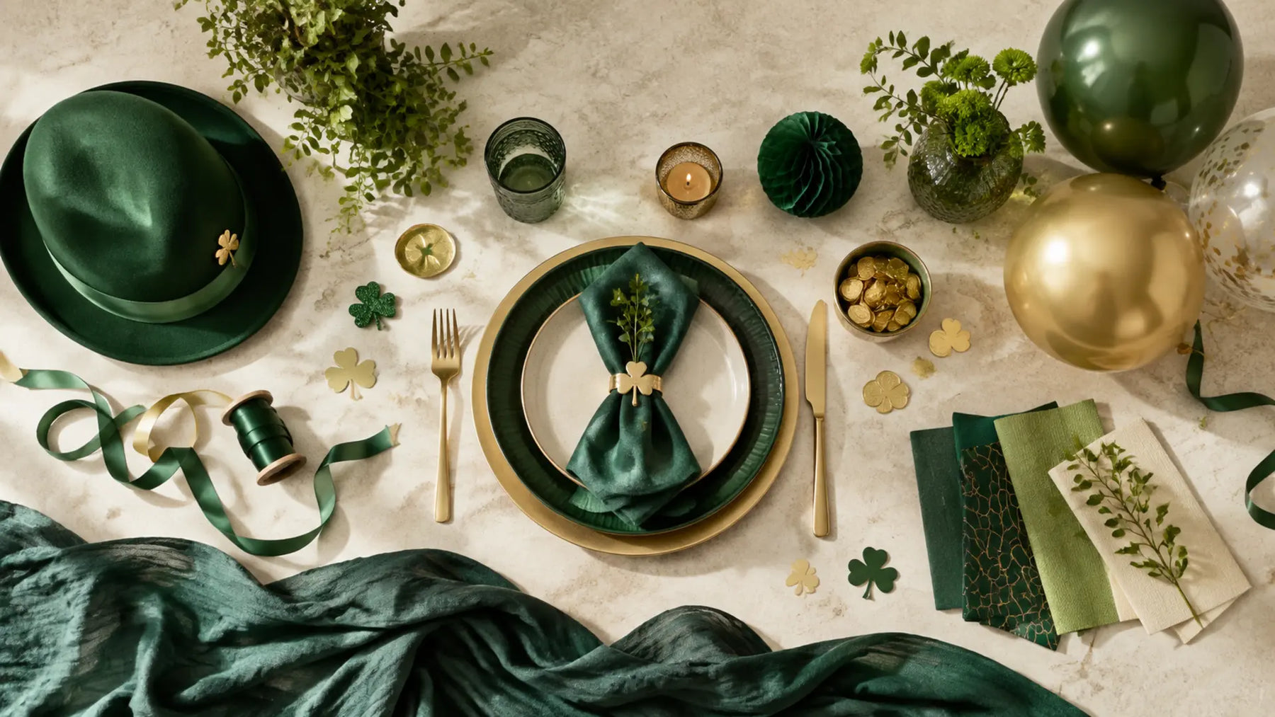 Green and gold place setting, hat, ribbons, balloons and St. Patrick’s Day styling details