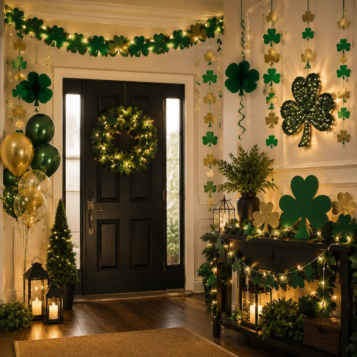 Entryway decorated with green and gold shamrocks, balloons and warm lights