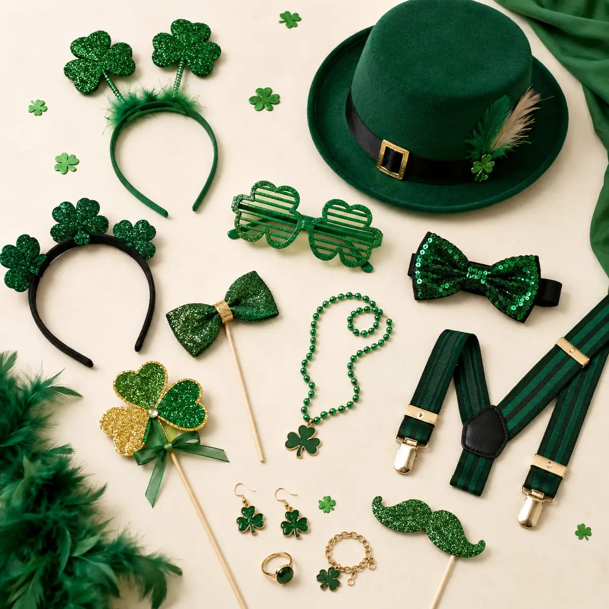 Green hats, shamrock headbands, glasses, suspenders and photo props