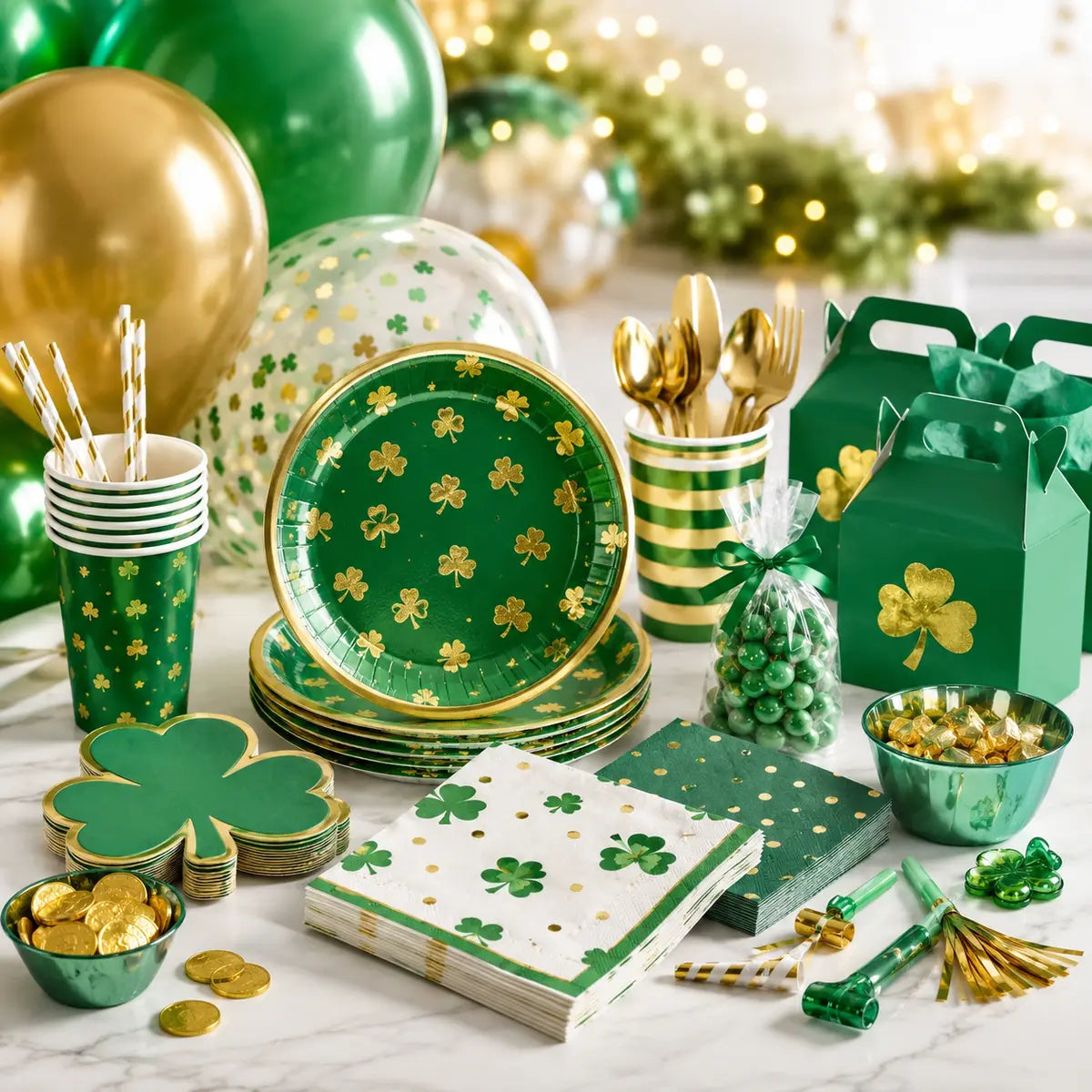 Green and gold St. Patrick’s Day tableware, balloons, favors and treat boxes