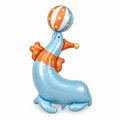 Standing circus seal foil mylar balloon in blue and orange, cute animal balloon for kids birthday party, circus theme party decorations and photo booth display.