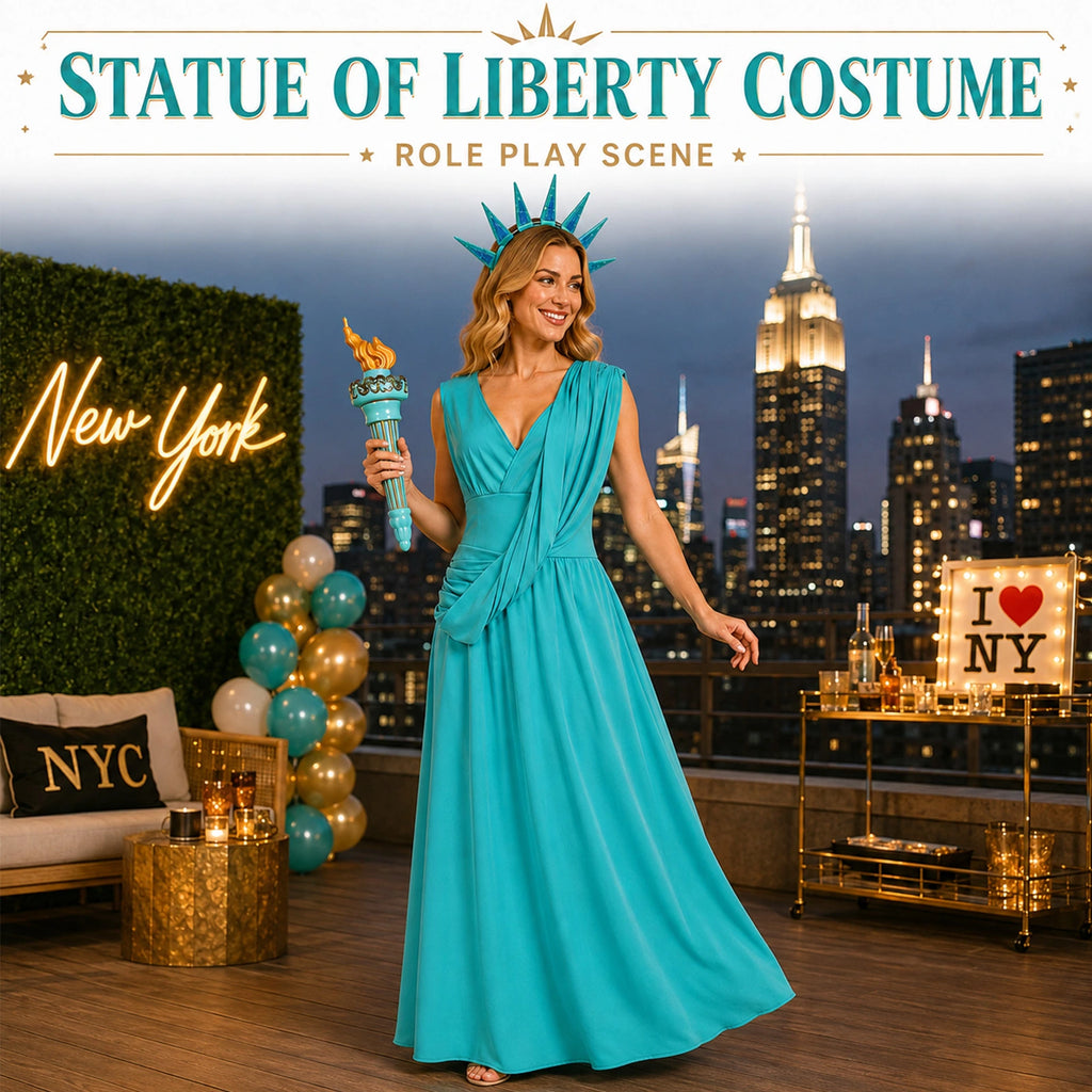 Woman wearing the turquoise Statue of Liberty costume dress, seven-point crown and printed torch on a rooftop with New York scenery.