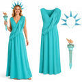 Woman wearing a turquoise Statue of Liberty costume set with long dress, pointed crown headband and handheld torch prop.