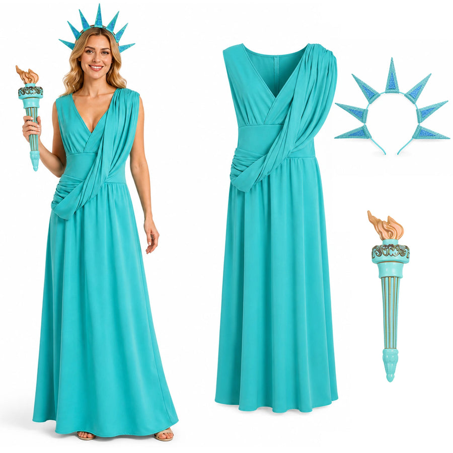 Woman wearing a turquoise Statue of Liberty costume set with long dress, pointed crown headband and handheld torch prop.
