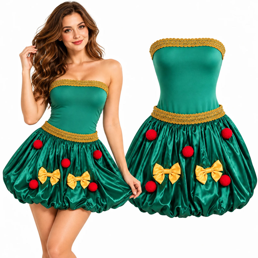 A closer front view shows the green Christmas dress with gold trim and yellow bows.