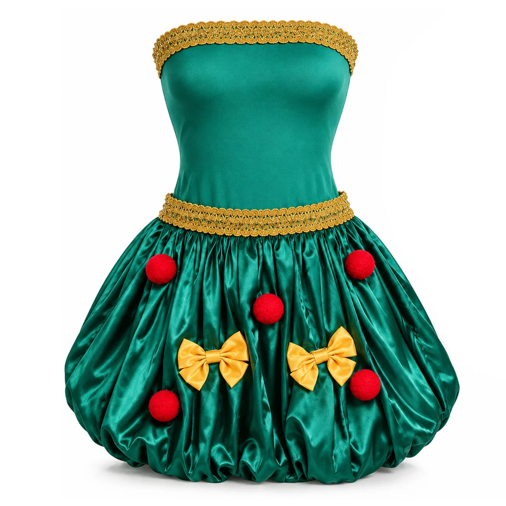 The green strapless Christmas dress has red pom-poms and yellow bows across its gathered skirt.