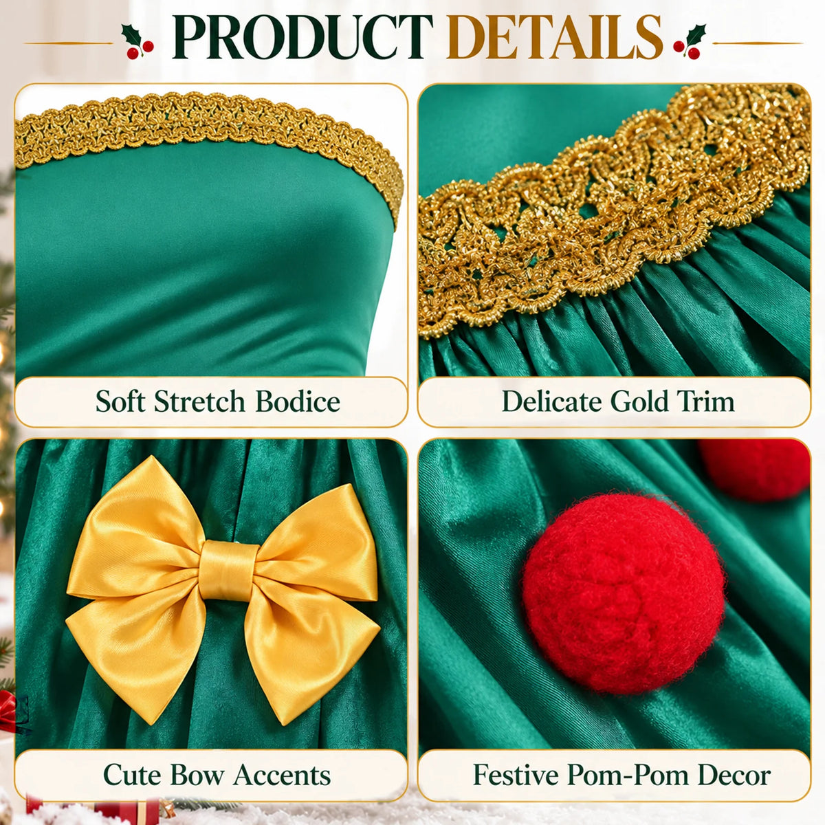 Four detail panels show the Christmas dress stretch bodice, gold trim, bow accents and red pom-pom decorations.