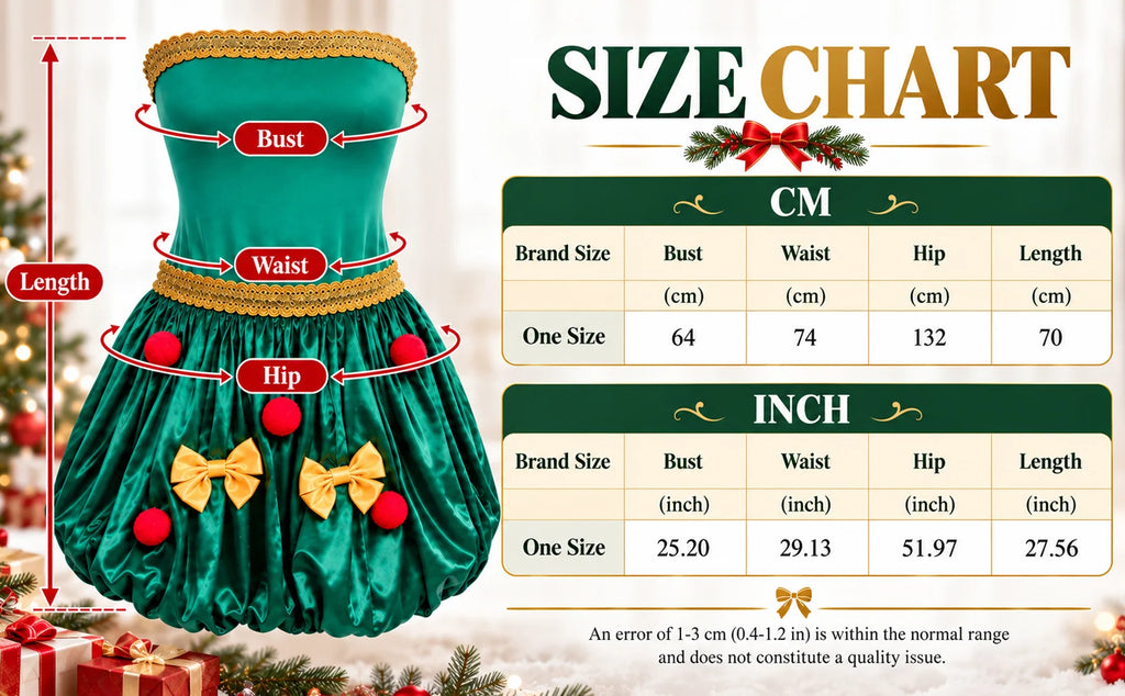 The Christmas dress size chart lists one-size garment bust, waist, hip and length measurements in centimeters and inches.