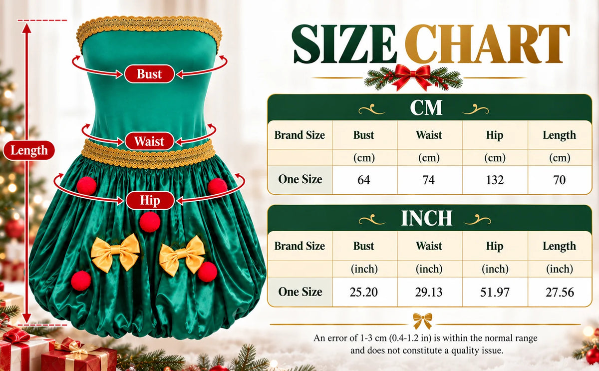 The Christmas dress size chart lists one-size garment bust, waist, hip and length measurements in centimeters and inches.