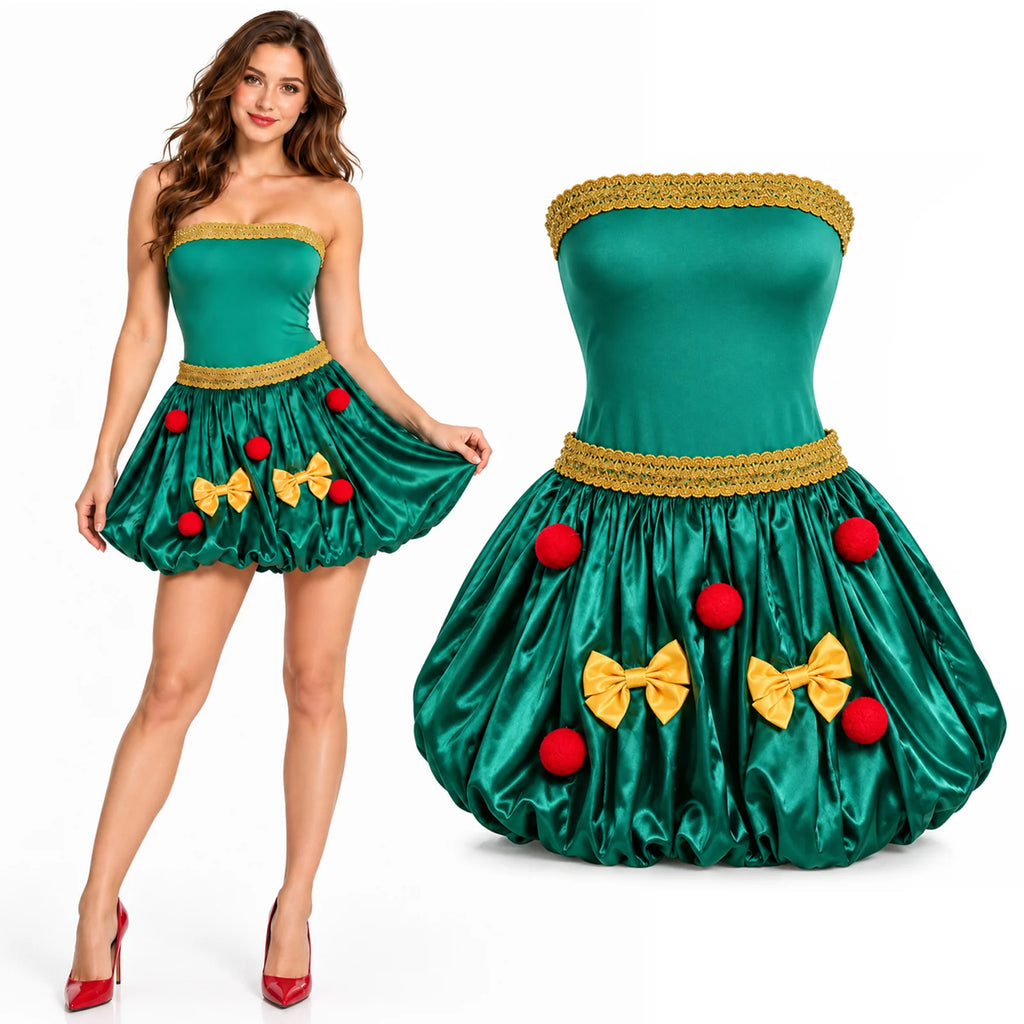 A green strapless Christmas dress is shown on a model beside its decorated bubble skirt.