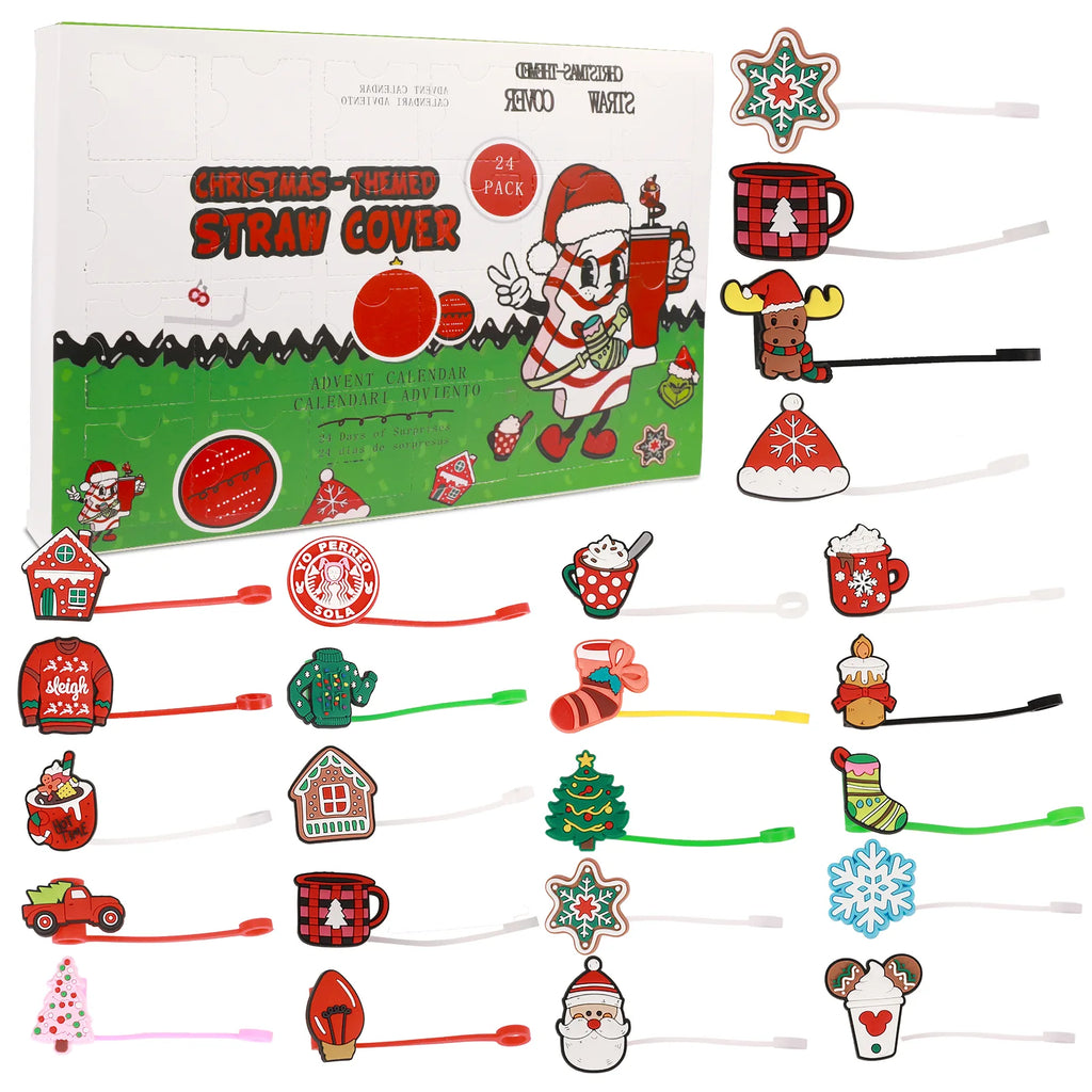 Straw cover advent calendar assortment with packaging artwork inspired by Grinch and a Mickey Mouse-inspired cup motif among holiday toppers.