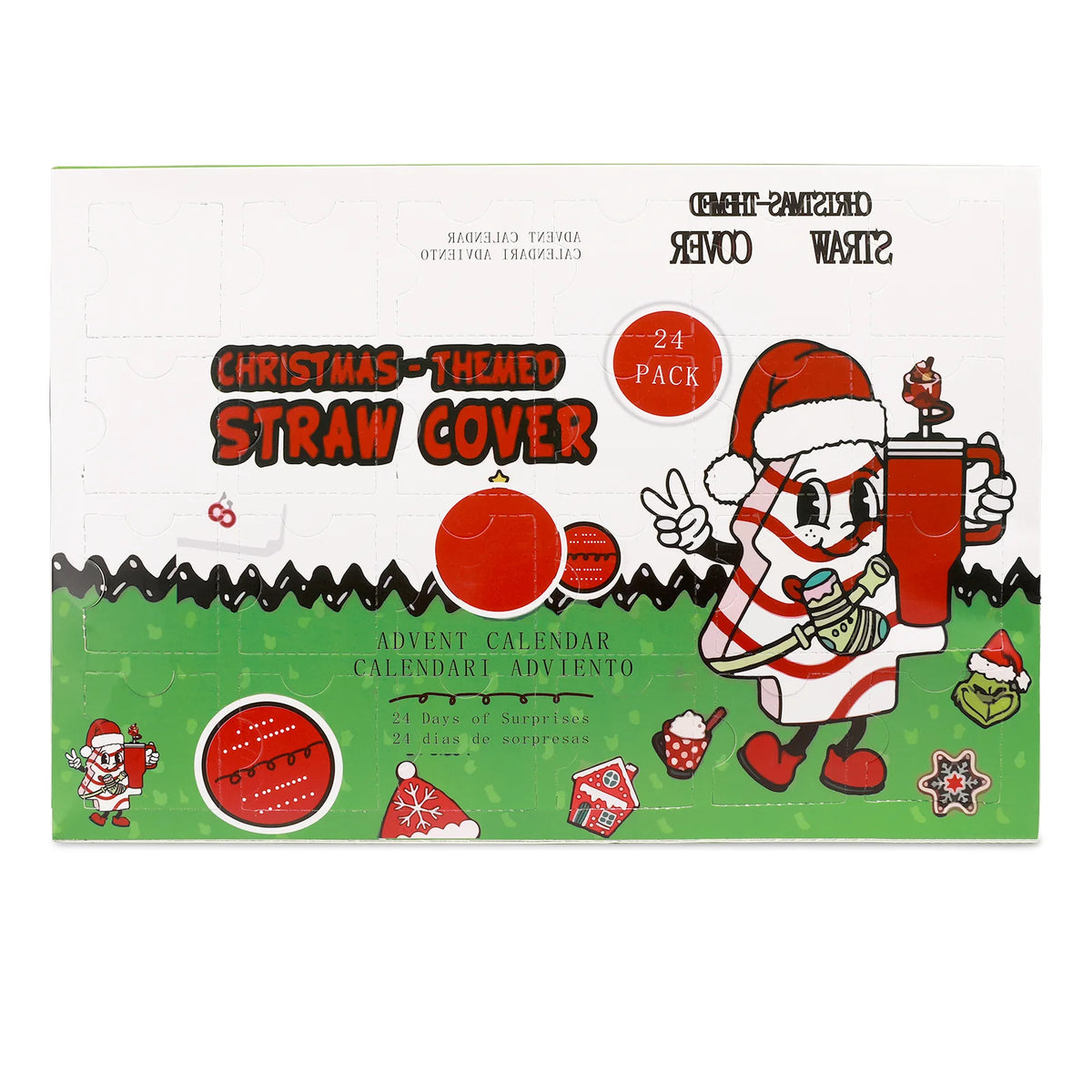 Front of the 24-pack straw cover advent calendar box with packaging artwork inspired by Grinch and holiday illustrations.