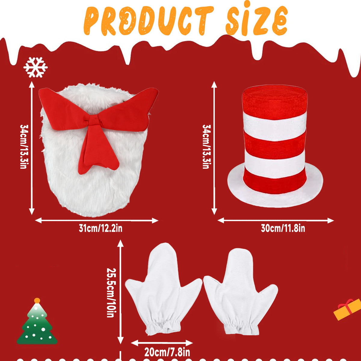 The original measurement graphic labels the hat, white chest piece with red bow, and two gloves in centimeters and inches.
