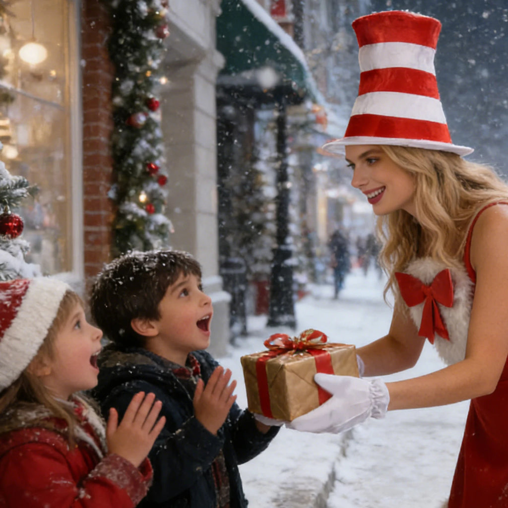 A woman wearing the striped hat and red bow chest accessory hands a wrapped gift to children beside Christmas decorations.