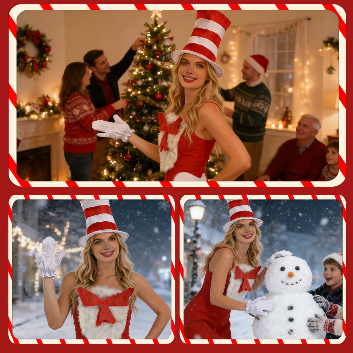 A Christmas photo collage shows a woman wearing the striped hat, white chest accessory with red bow, and white gloves.
