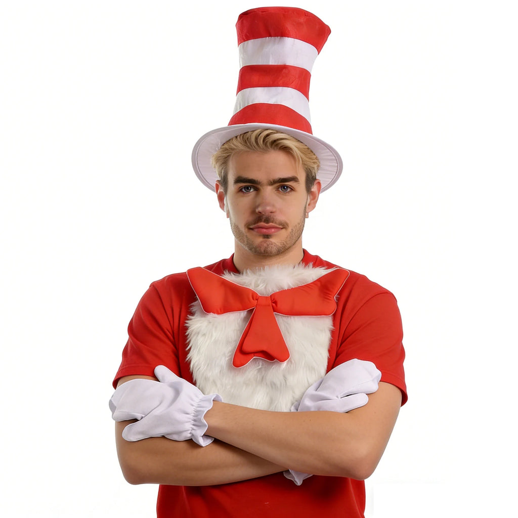 A man faces forward wearing the red and white striped hat and chest accessory, with gloved hands crossed.