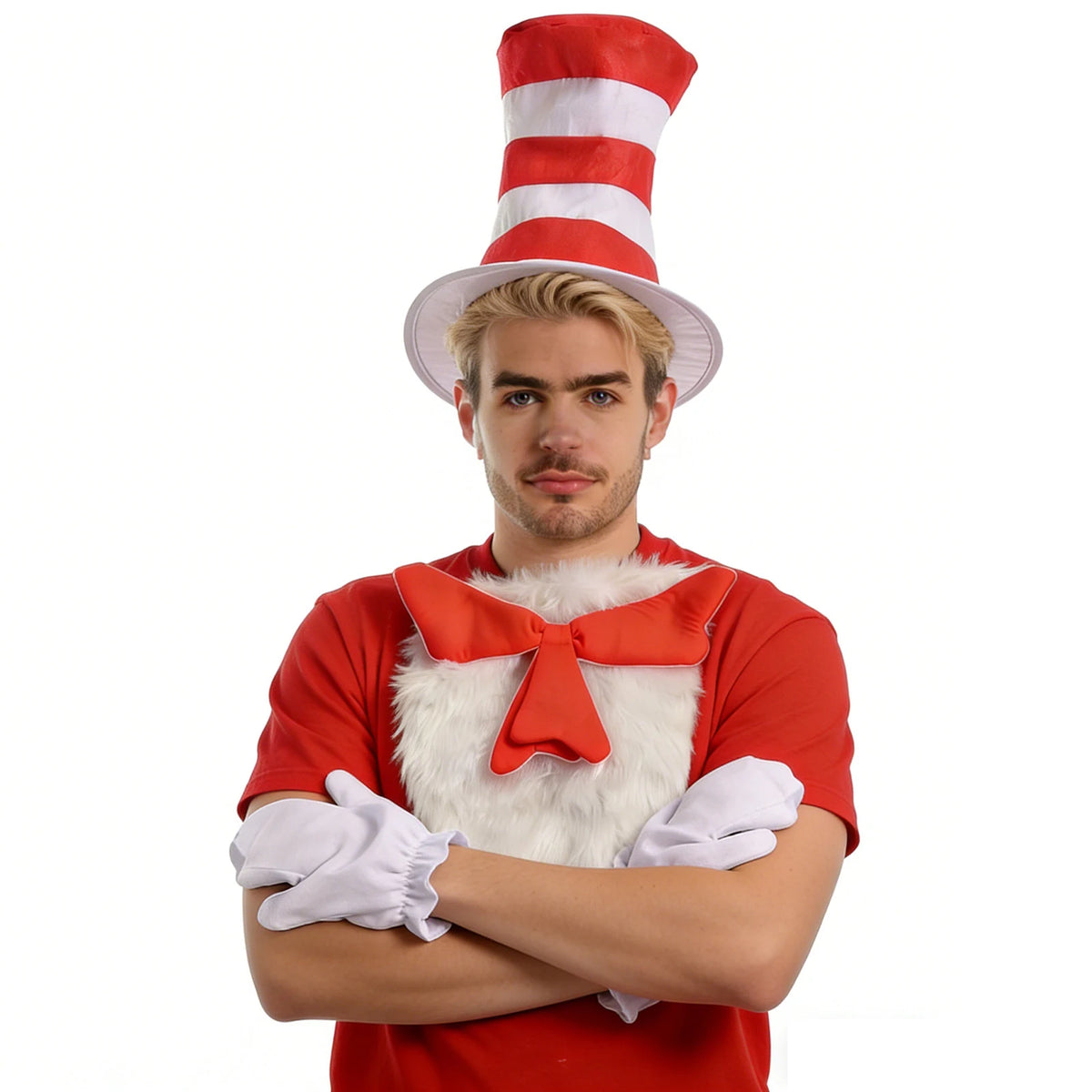 A man faces forward wearing the red and white striped hat and chest accessory, with gloved hands crossed.