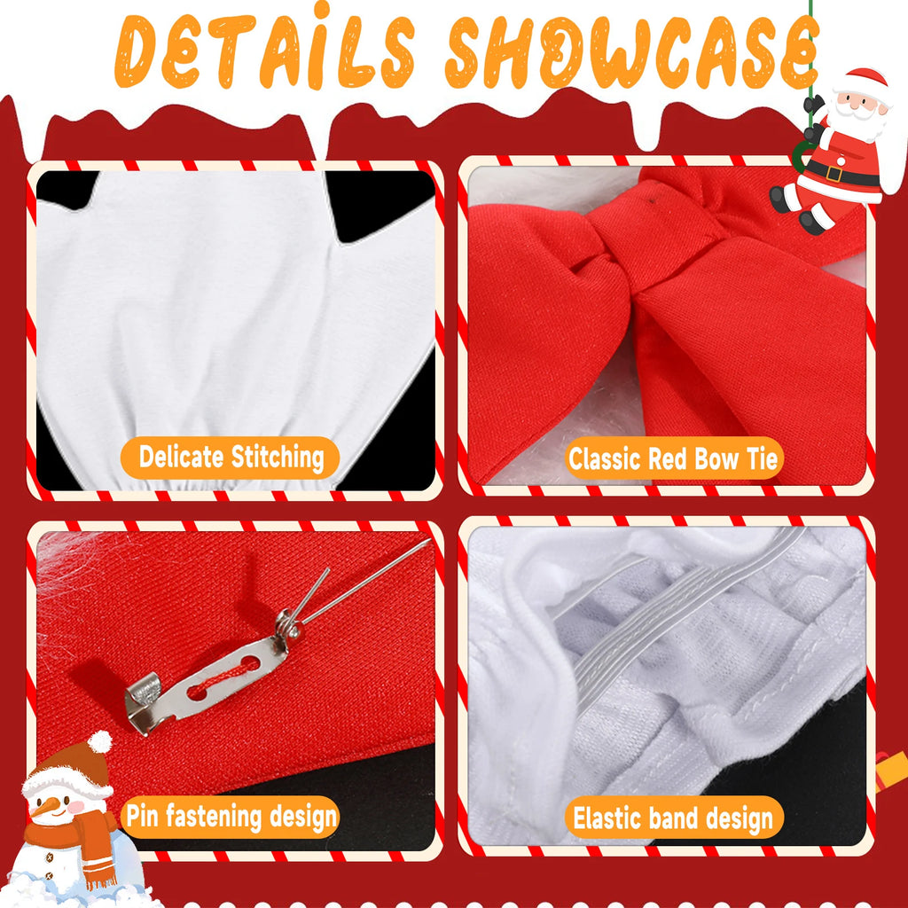 The detail graphic shows white stitching, the red bow, a pin fastening, and elastic at the white glove wrists.