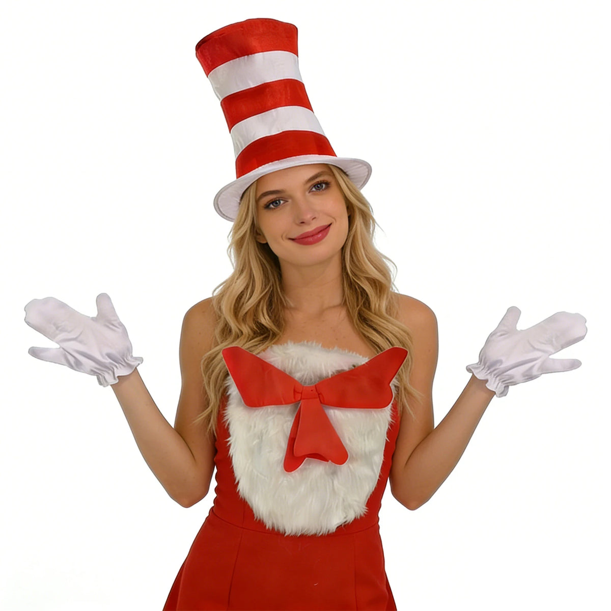 A woman faces forward wearing the tall striped hat, white chest accessory with red bow, and white gloves.