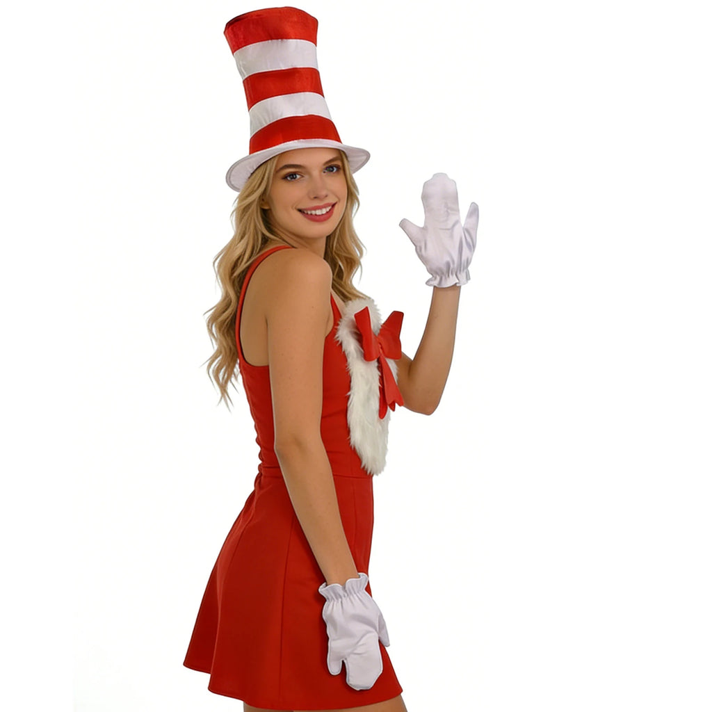 A woman looks over her shoulder wearing the striped hat, white gloves, and red bow chest accessory over her own red dress.