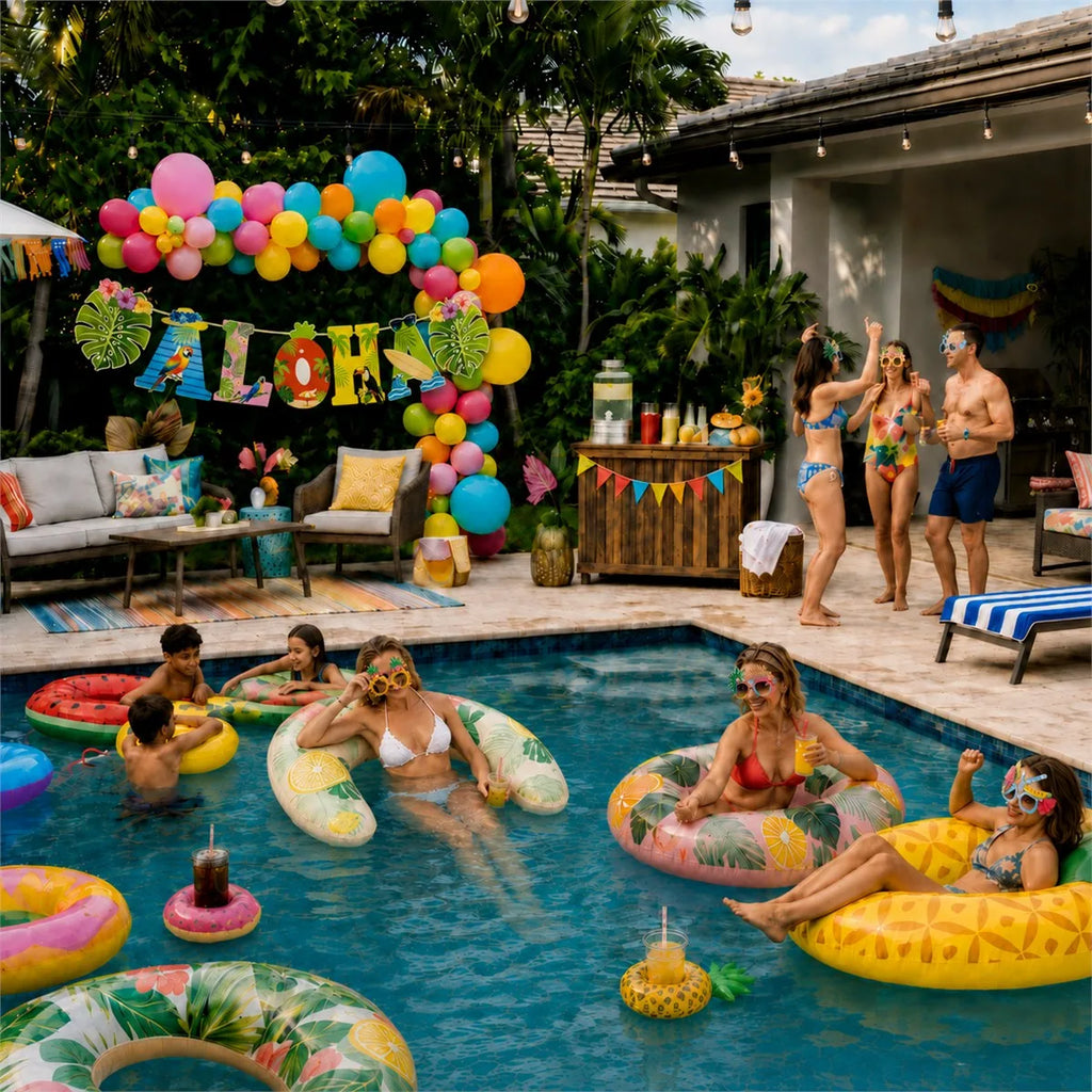 Colorful summer pool party scene with an Aloha balloon arch, pool floats, and guests by the pool