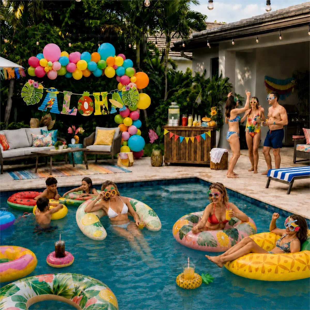 Summer poolside space decorated with a tropical balloon arch and pool accents