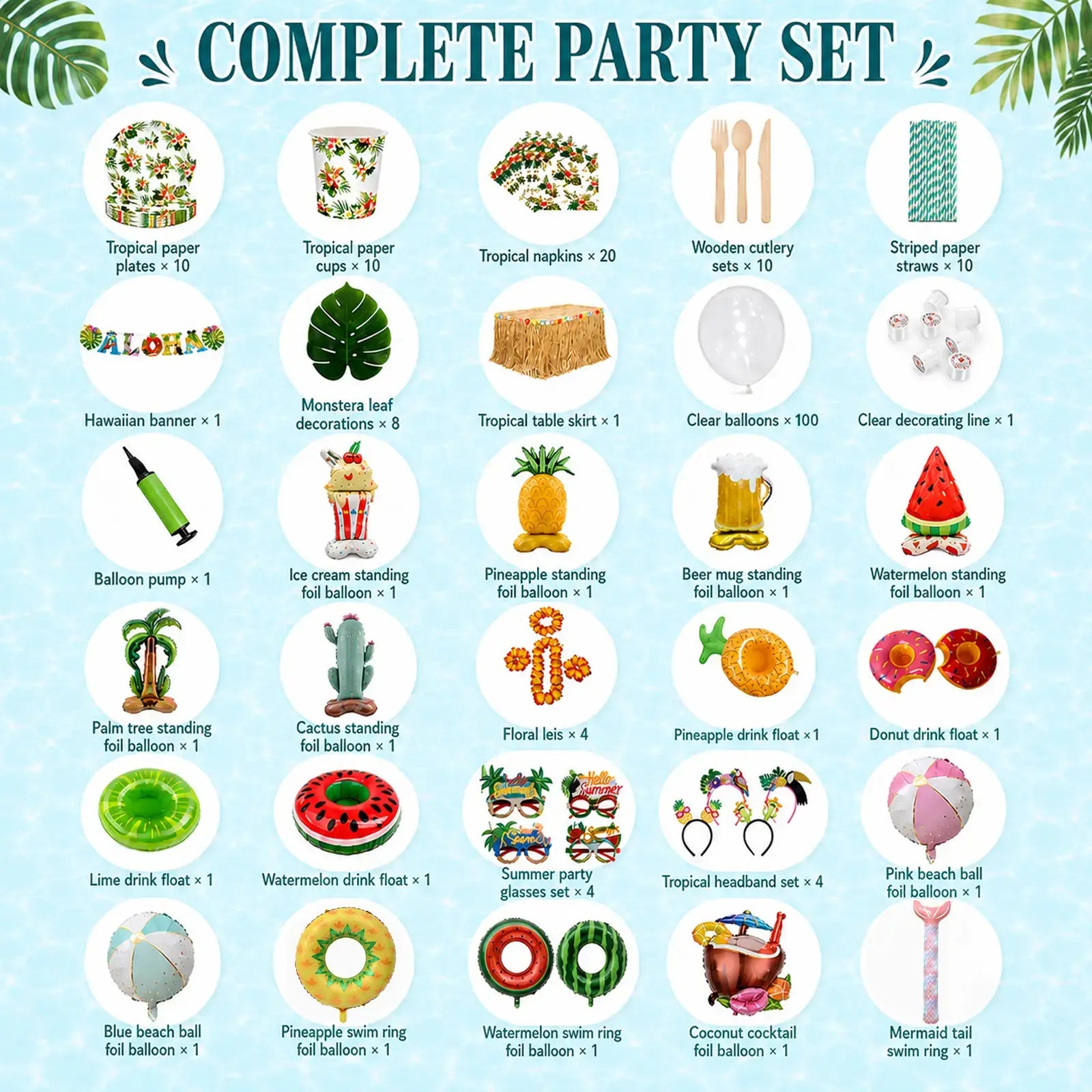 Complete tropical pool party set with full decorations and accessories
