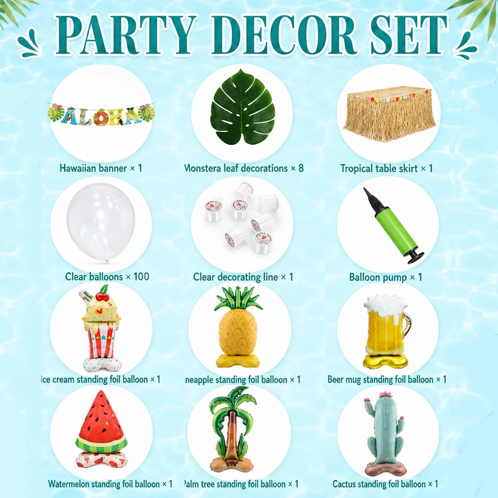 Party decor set with tropical banner, balloons, leaves, and balloon pump