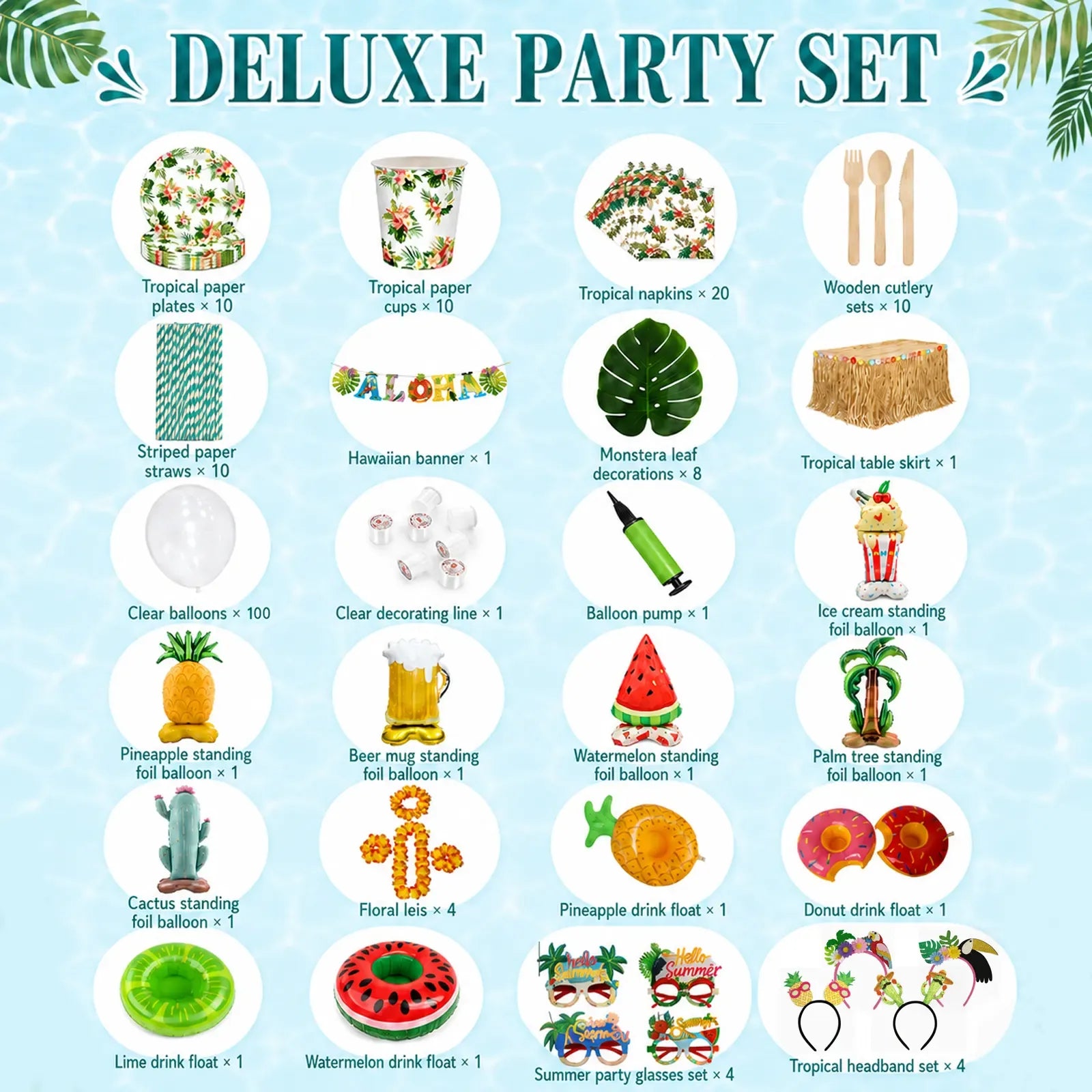 Deluxe summer party set with tableware, decorations, and fun extras