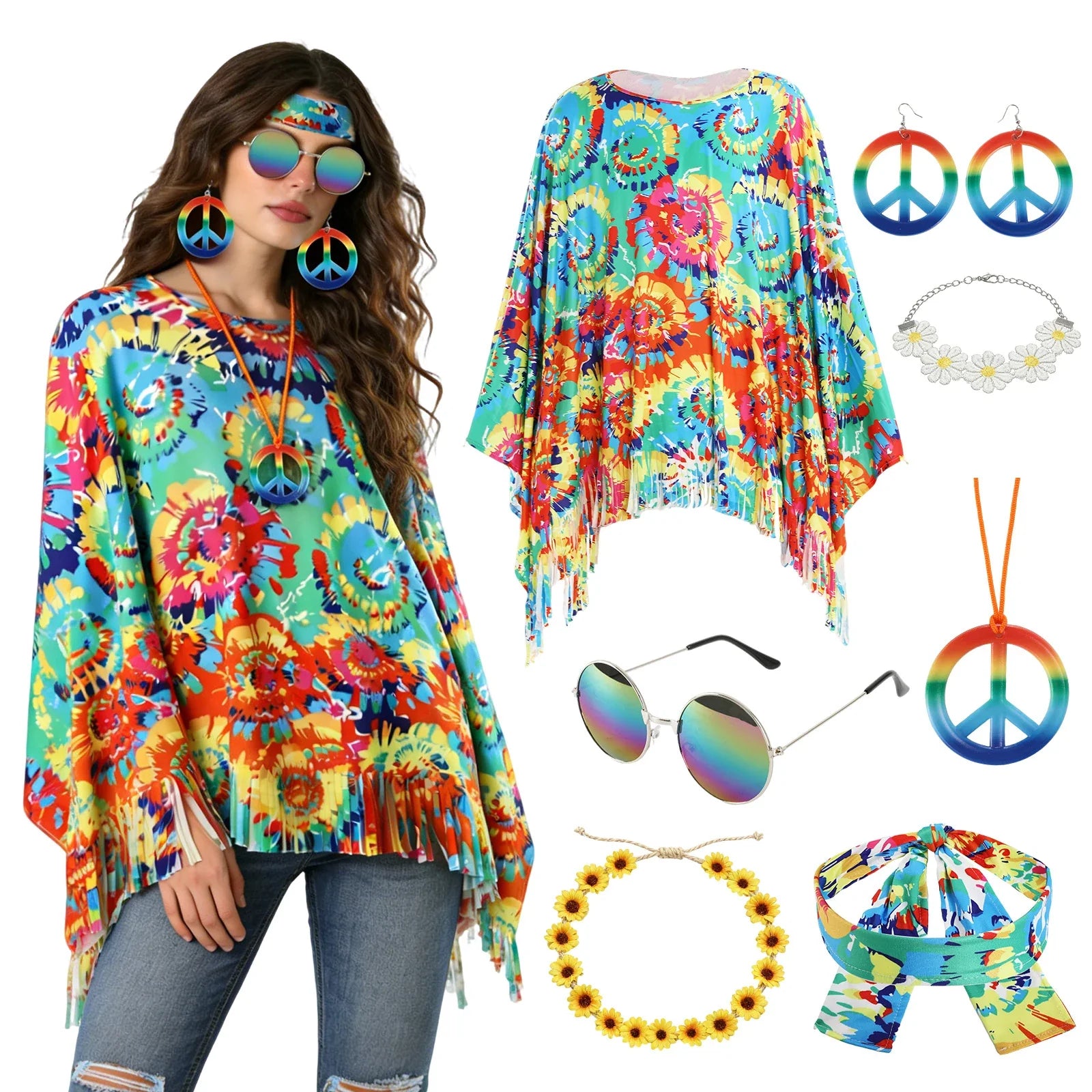 A model wears the multicolor fringed hippie poncho beside the sunflower headband, daisy choker, glasses, printed headband and peace-sign jewelry.
