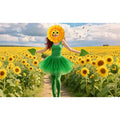 Woman wearing the sunflower headpiece costume set with green leaf gloves and tights standing in a sunflower field.