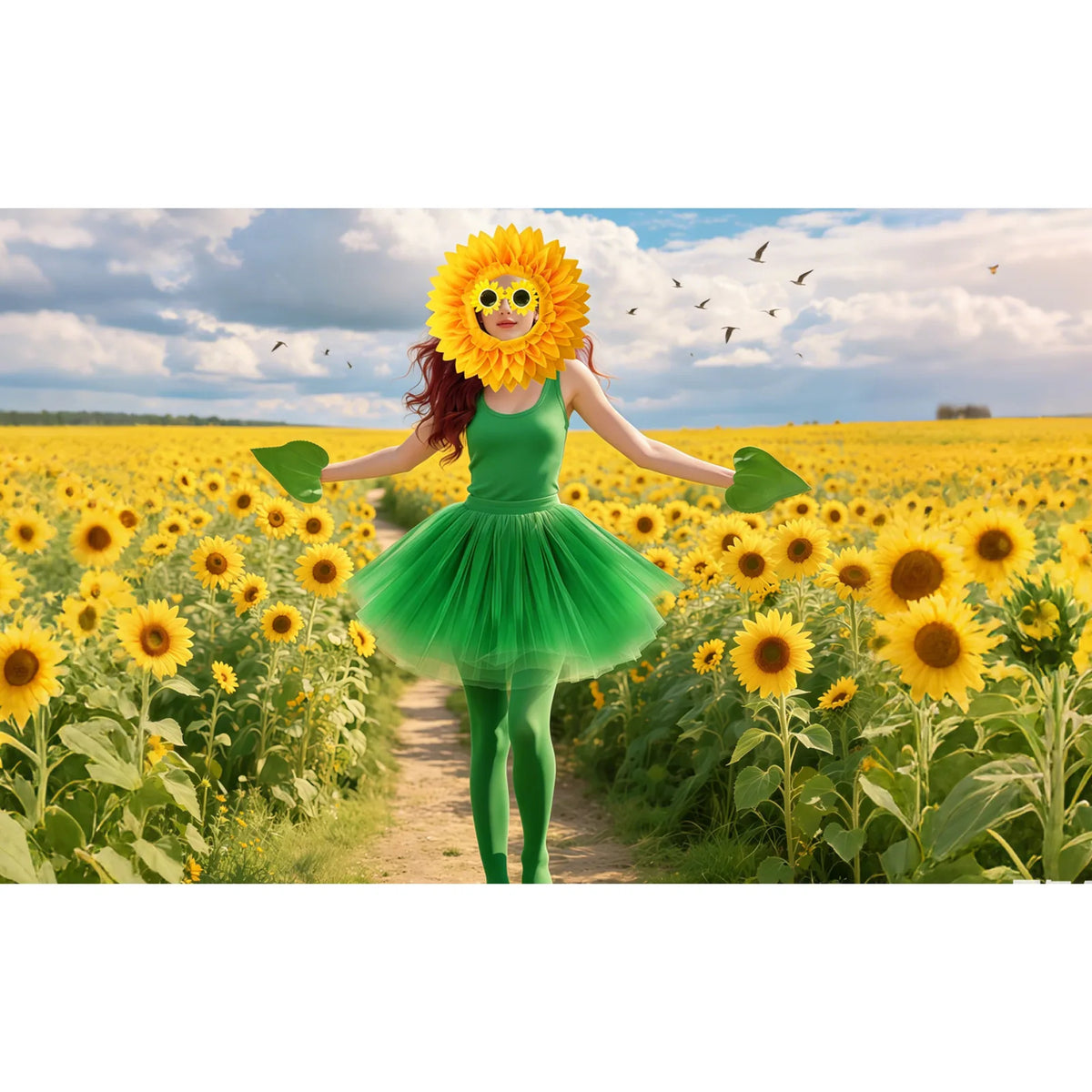 Woman wearing the sunflower headpiece costume set with green leaf gloves and tights standing in a sunflower field.
