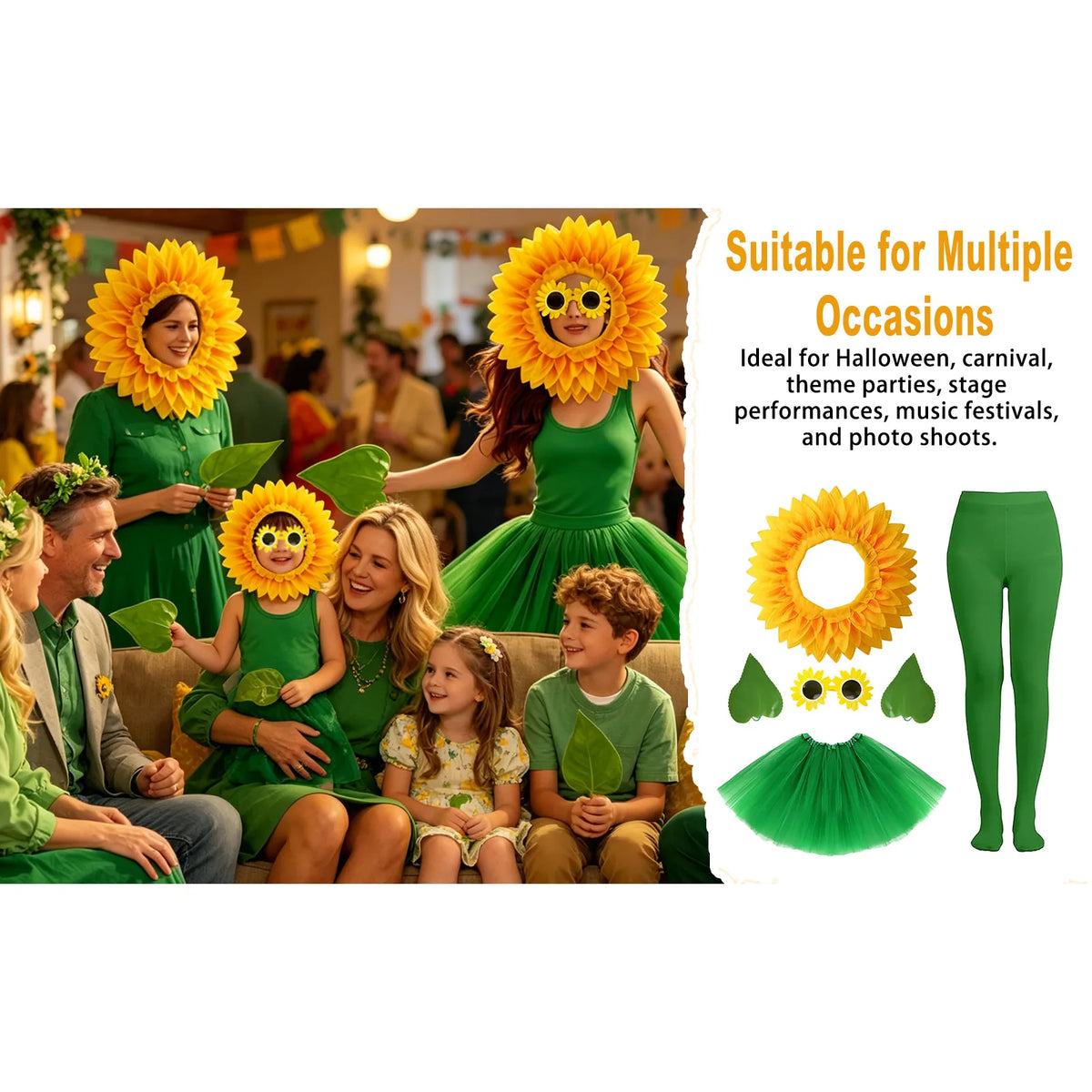 All five pieces of the sunflower headpiece costume set laid out including headpiece, sunglasses, leaf gloves, tutu skirt and tights.