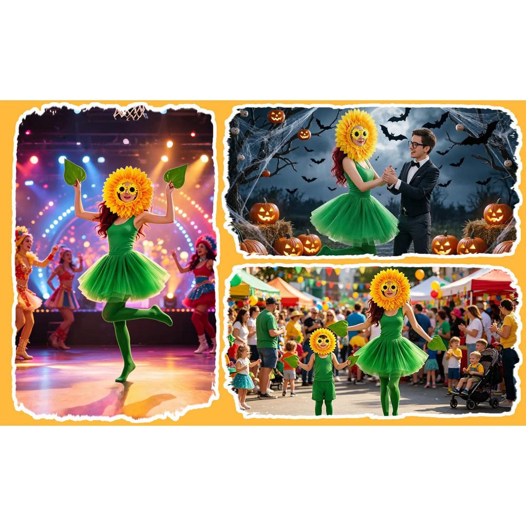 Sunflower headpiece costume set styled in stage, Halloween and festival party scenes.