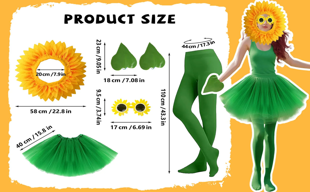 Size chart for the sunflower headpiece costume set showing measurements for the headpiece, gloves, sunglasses, skirt and tights.