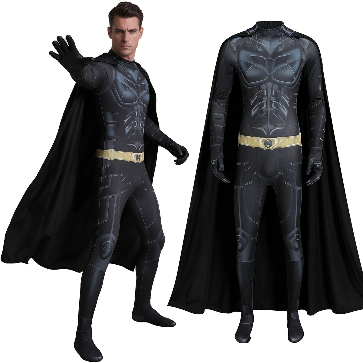 Batman-inspired superhero jumpsuit showing the printed front and black cape in a standing pose.