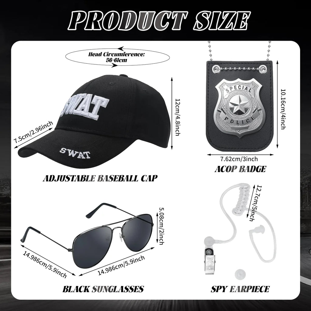 Dimension chart for the swat costume accessories set, showing the listed product measurements and scale.