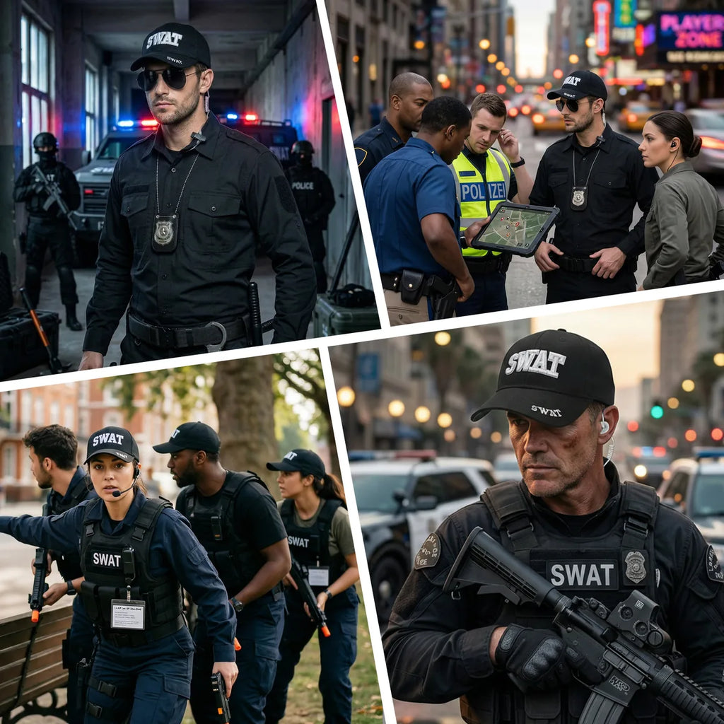 The swat costume accessories set shown across several styled Halloween and event display scenes.