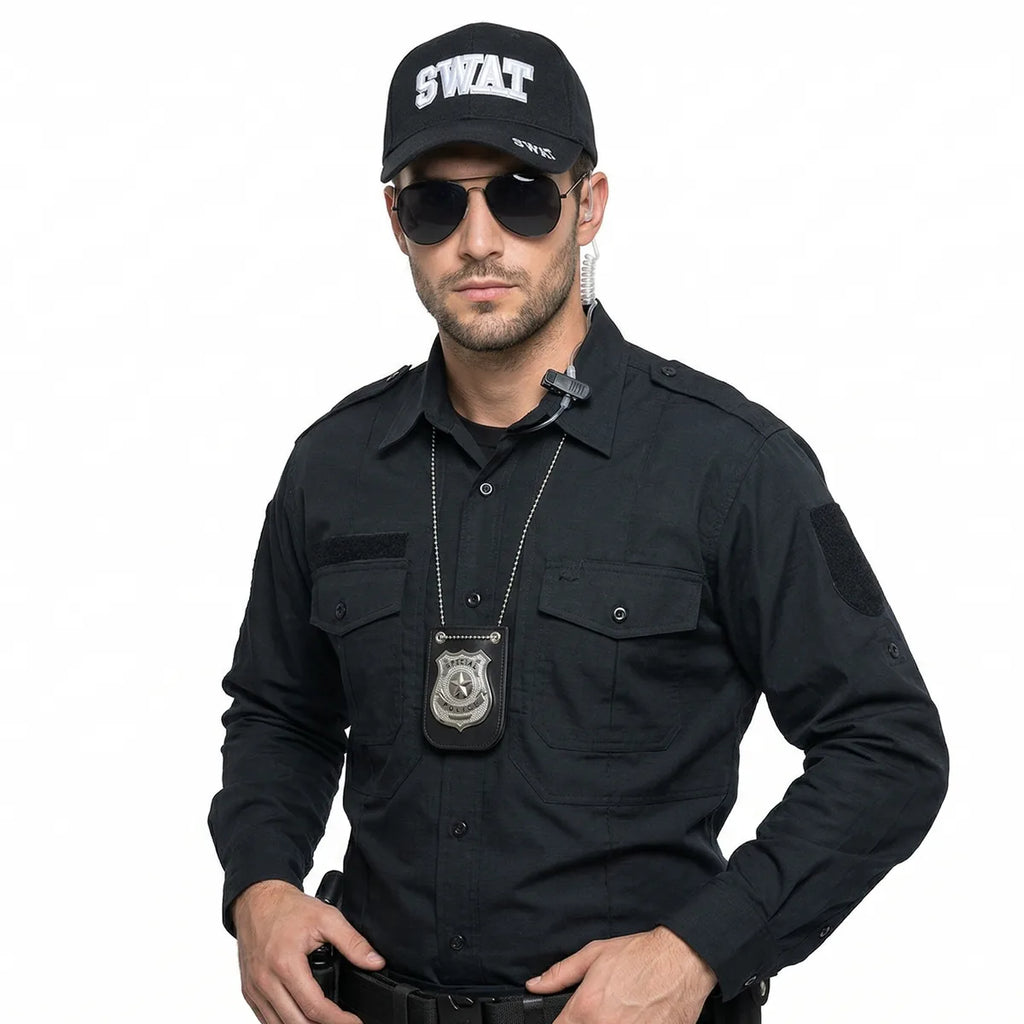 Multiple-angle view of the swat costume accessories set, showing its shape from different sides.