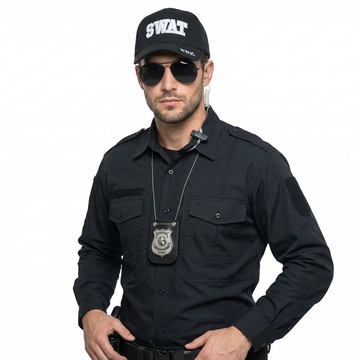 Multiple-angle view of the swat costume accessories set, showing its shape from different sides.